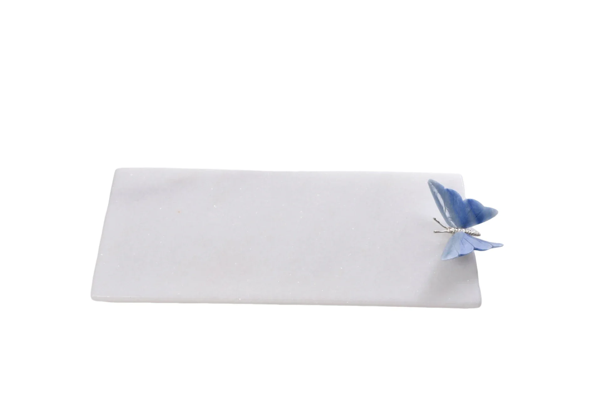 Rectangular white marble tray with a light blue butterfly