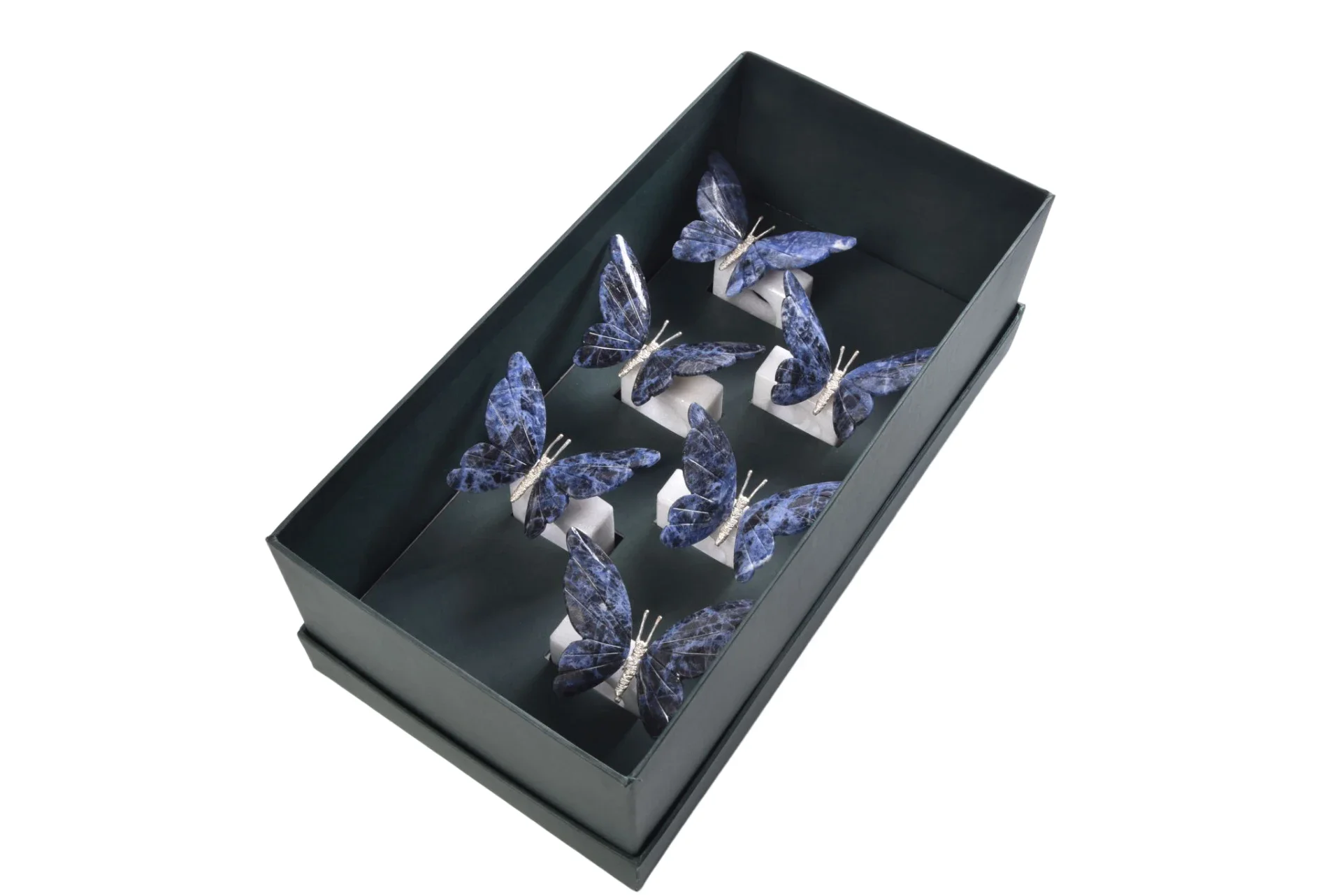 Green box with six blue sodalite butterflies arranged in rows